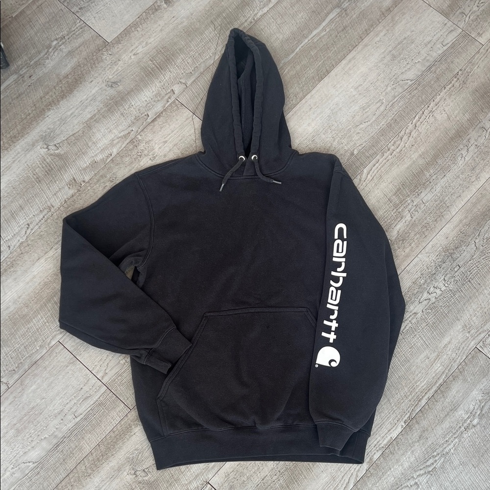 Carhartt Men's Black Hoodie with Sleeve Logo - Medium